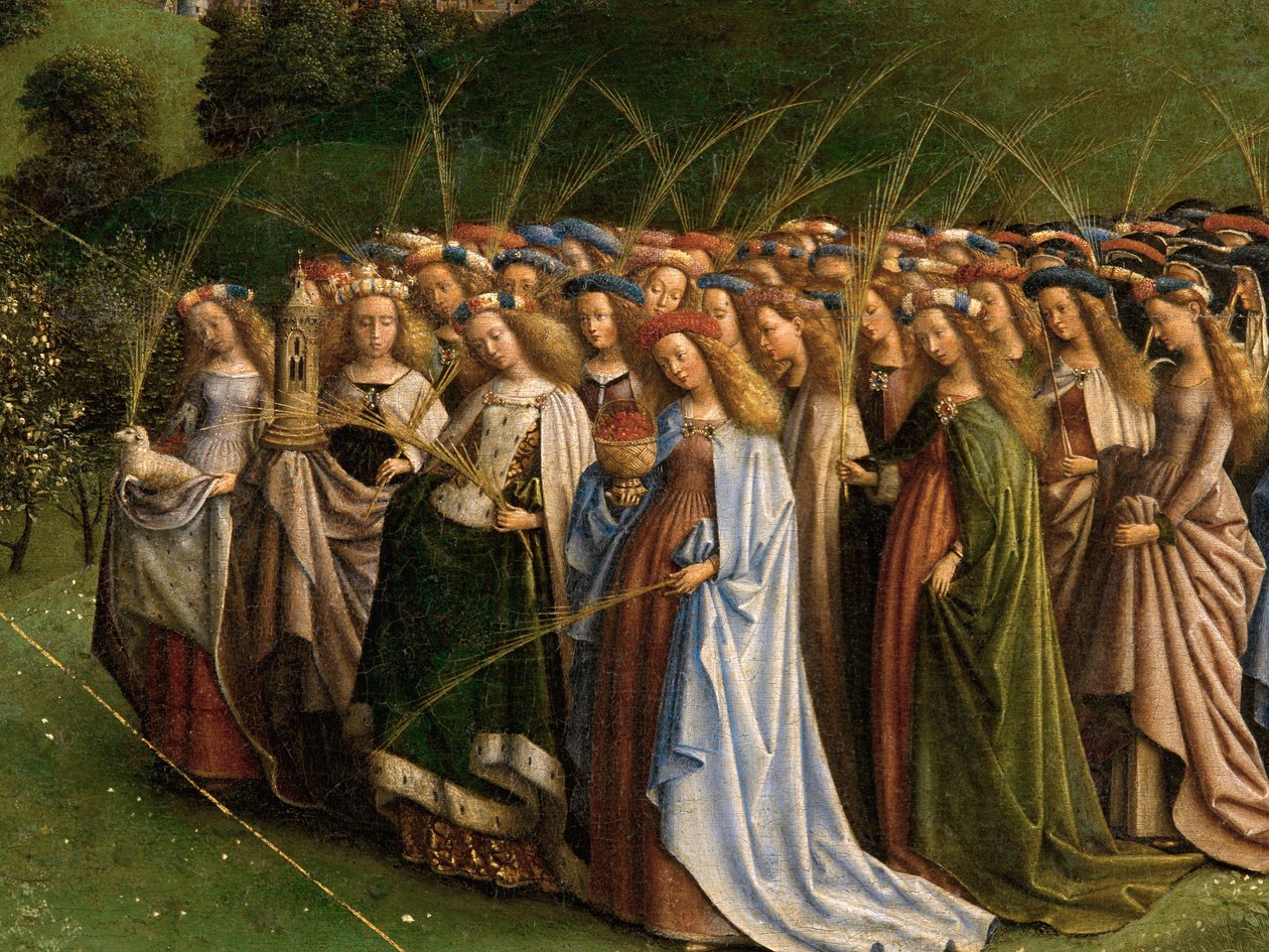 A Adoração do Cordeiro Místico, do Retábulo de Ghent, detalhe da metade inferior do painel central 作： Hubert & Jan van (1390 1441) エイク