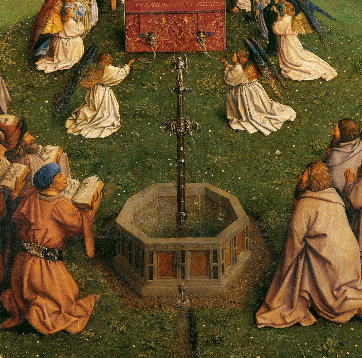 ゲントの祭壇画からの神秘的な子羊の崇拝、中央パネルの下半分の詳細 作： Hubert & Jan van (1390 1441) エイク