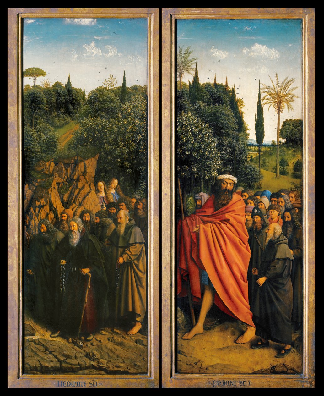 ゲントの祭壇画の右側から聖クリストファーに導かれる隠者と巡礼者 作： Hubert & Jan van (1390 1441) エイク