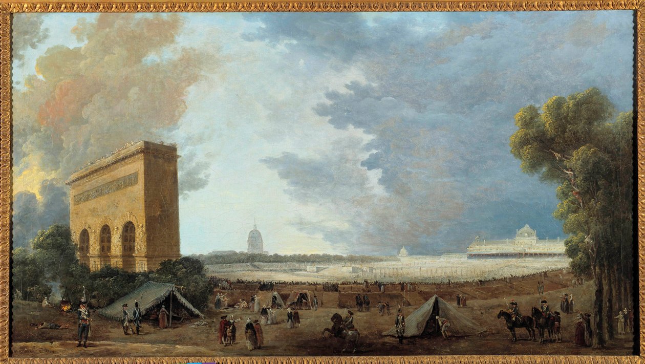 フランス革命：「Fete de la Federation Nationale celebree au Champ de mars à Paris le 14 juillet 1790」Hubert Robert（1733-1808）の絵画。1790 Sun. 0,52x0,96 m 作： ヒューバート・ロバート