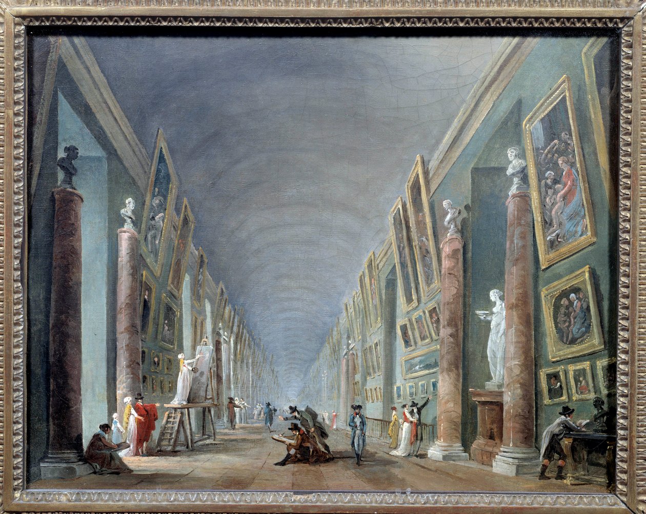 La grande galerie du Louvre between 1801 and 1805 絵画：ユベール・ロベール（1733-1808）日。0,37 x 0,46 パリ、ルーヴル美術館 - 1801年から1805年の間のルーヴル美術館の大広間。ユベール・ロベール（1733-1808）作の絵画、0.37 x 0.46。ルーヴル美術館 パリ 作： ヒューバート・ロバート