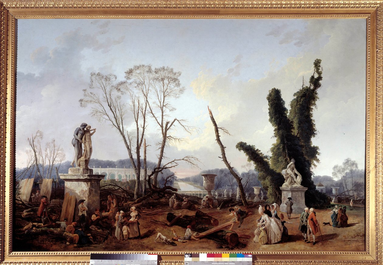 1774年から1775年の冬、ヴェルサイユ宮殿の庭園で行われた木の伐採の際のル・カーペット・ヴェール（手前は国王ルイ16世と王妃マリー・アントワネット）。緑の絨毯は王家のアレーとも呼ばれる。ユベール・ロベール（1733-1808）による絵画 作： ヒューバート・ロバート