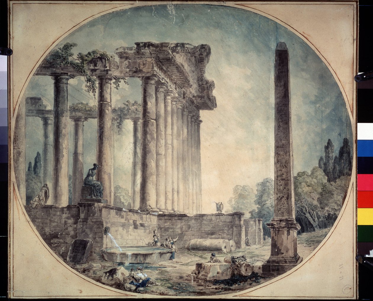 「古代遺跡とオベリスク」水彩画 ヒューバート・ロバート (1733-1808) 作 1776年 A. プーシキン美術館、モスクワ、ロシア 作： ヒューバート・ロバート