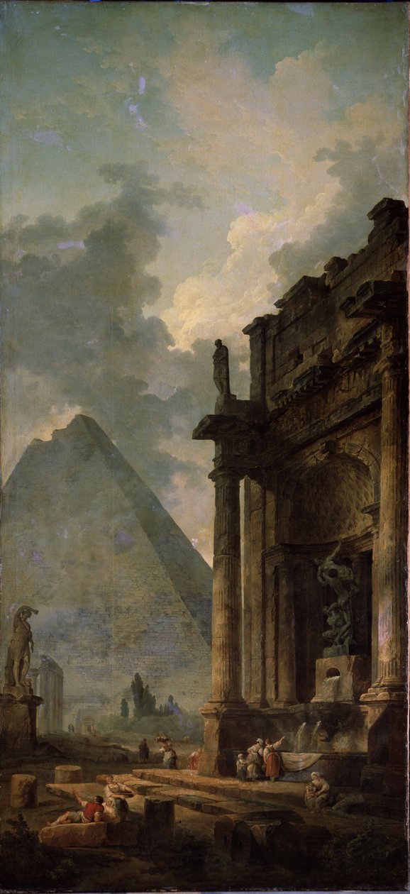 ピラミッドのある遺跡。 ヒューバート ロバート (1733-1808) の絵画、キャンバスに油彩 作： ヒューバート・ロバート