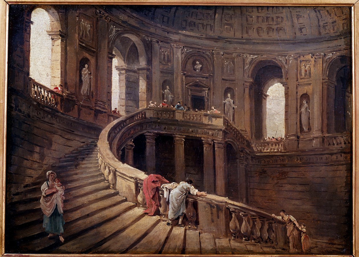 パラッツォ・ファルネーゼ・ア・カプラロラの回転式階段 ユベール・ロベール（1733-1808）の絵画 18世紀 日0.24x0.33 m 作： ヒューバート・ロバート