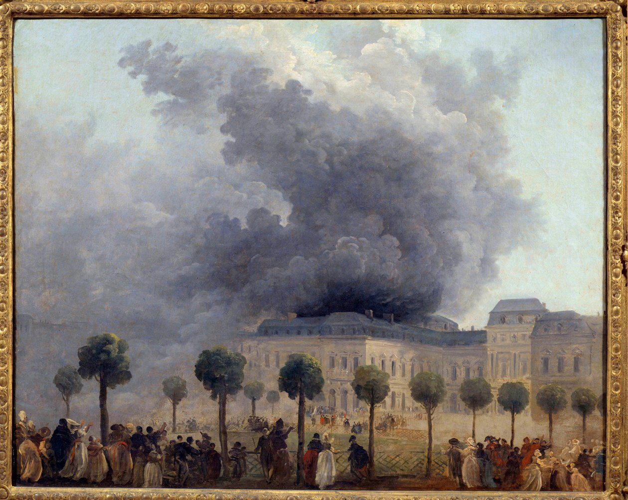 1781年6月8日、パレ・ロワイヤルの庭園から見たオペラ座の炎の眺め、ユベール・ロベールの絵画 作： ヒューバート・ロバート