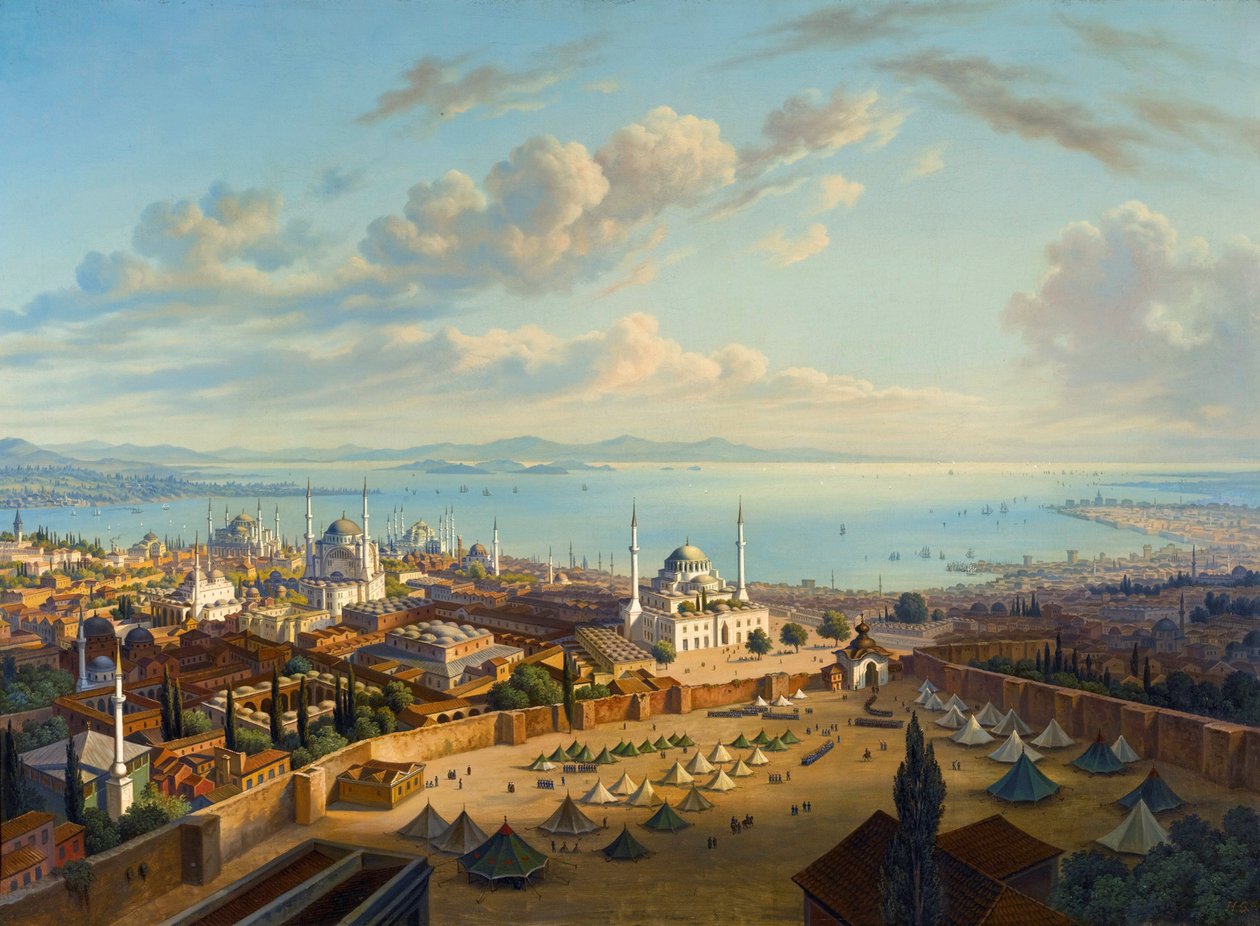 "Vue de Constantinople depuis la tour de Serasker (Bayezid ou Seraskier)" (バヤジットの火の塔から見たコンスタンティノープル) Peinture de Hubert Sattler (1817-1904) 油彩・キャンバス、74x101,5 - Private Collection 作： フーベルト・サットラー