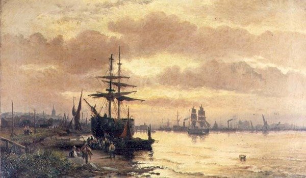 夕暮れ時の河口の岸辺の漁師たち 作： ヒューバート・ソーンリー