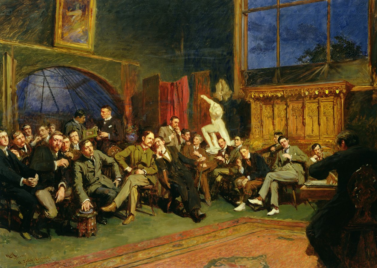スタジオでの学生との夜、1886 作： ヒューバート・フォン・ヘルコマー