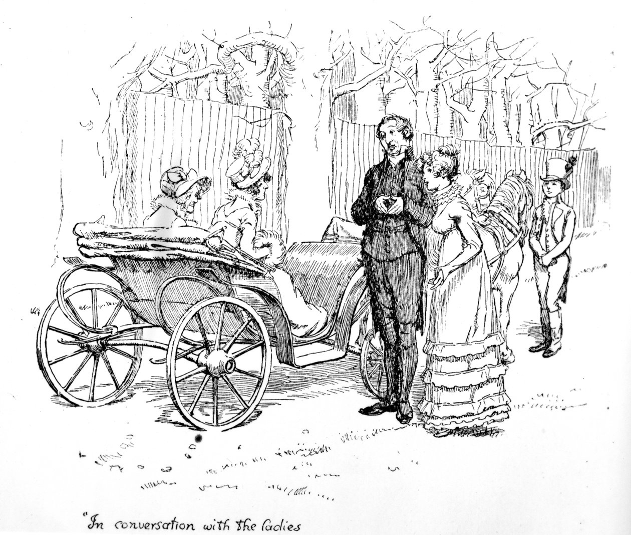 「女性との会話」、ジェーン・オースティンの「プライドと偏見」のイラスト、1894年に発行された版 作： ヒュー・トムソン