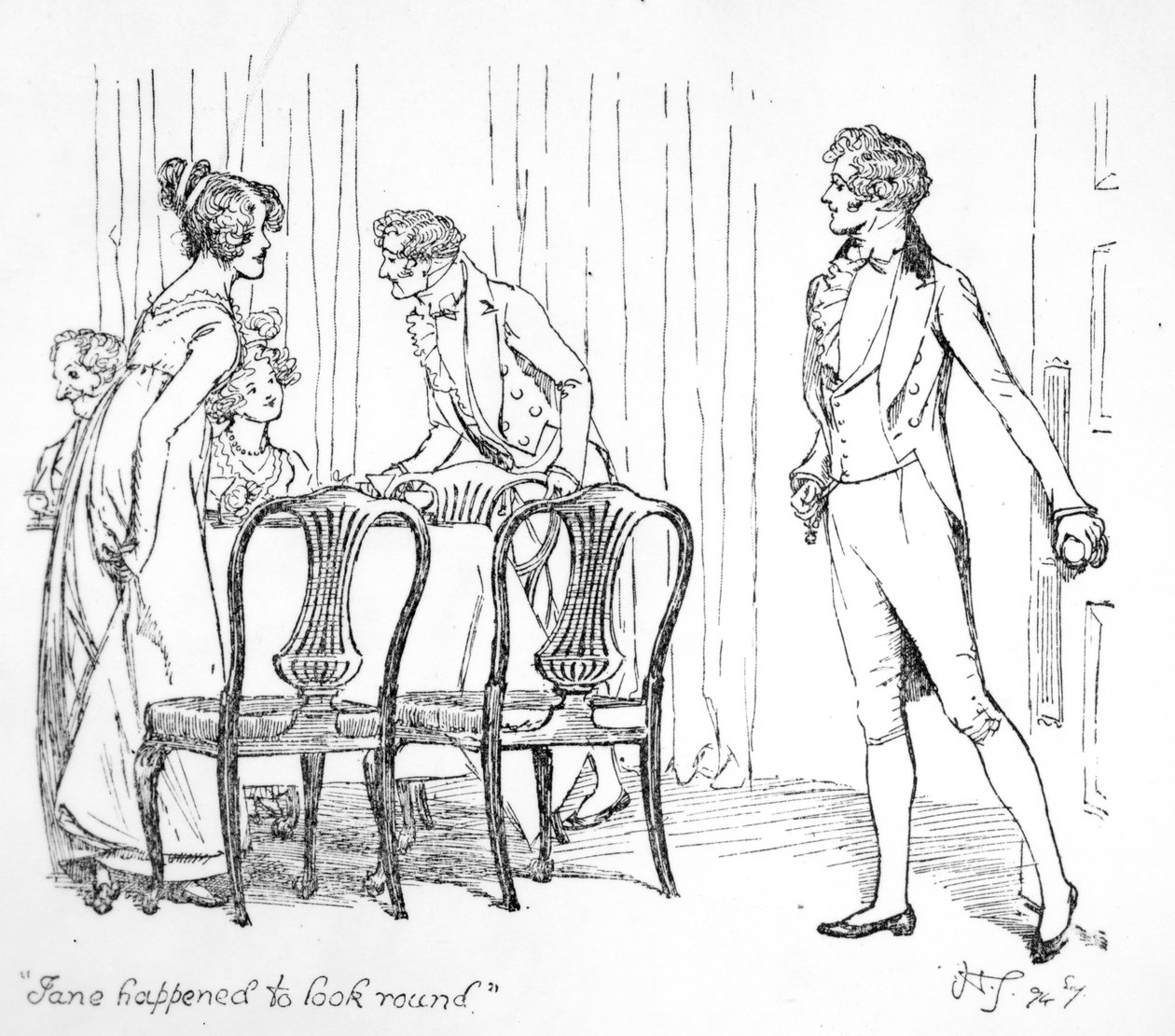 ジェーン・オースティンの「Pride und Prejudice」のイラスト、「ジェーンは偶然見回し」、1894年に発行された版 作： ヒュー・トムソン