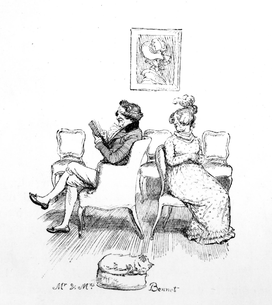 Mr und Mrs Bennet、Jane Austenによる「Pride und Prejudice」のイラスト、1894年に発行された版 作： ヒュー・トムソン