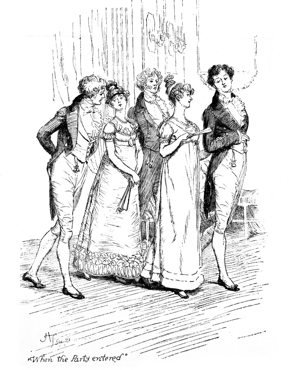 「パーティーが始まったとき」、ジェーン・オースティンの「Pride und Prejudice」のイラスト、1894年に発行された版 作： ヒュー・トムソン
