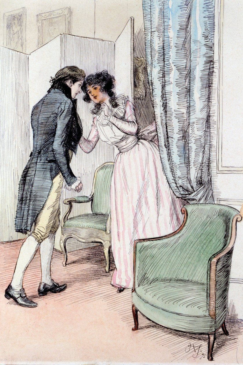 彼を少し脇に描く、ジェーン・オースティンによる「感覚と感性」のイラスト、1895年発行（紙にペンとウォッシュ） 作： ヒュー・トムソン
