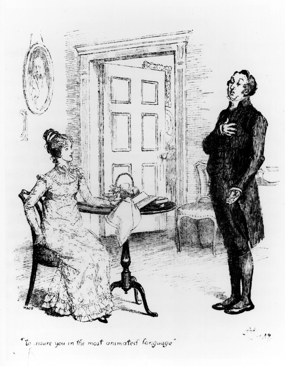 コリンズ氏とエリザベス氏、ジェーンオースティンの「プライドと偏見」より（1775-1817）c.1894（engraving）（bw写真） 作： ヒュー・トムソン