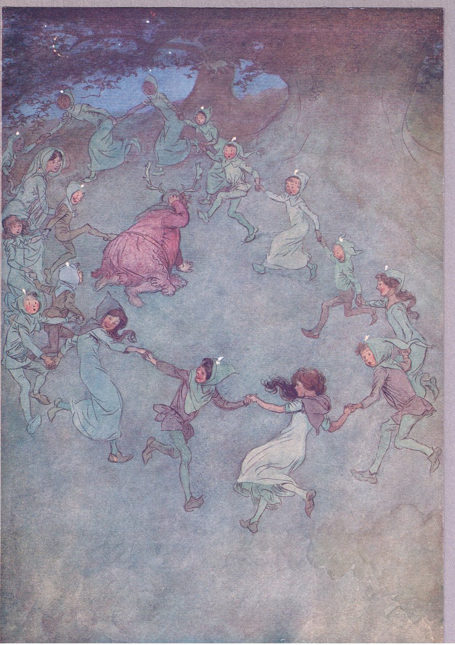 次に、すべての人が彼を取り巻くようにします。ウィンザーの陽気な妻たちのイラスト、1910年 作： ヒュー・トムソン