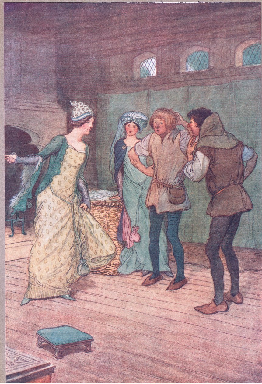 泥だらけの溝にそれを空にしました、ウィンザーの陽気な妻たちのイラスト、1910 作： ヒュー・トムソン