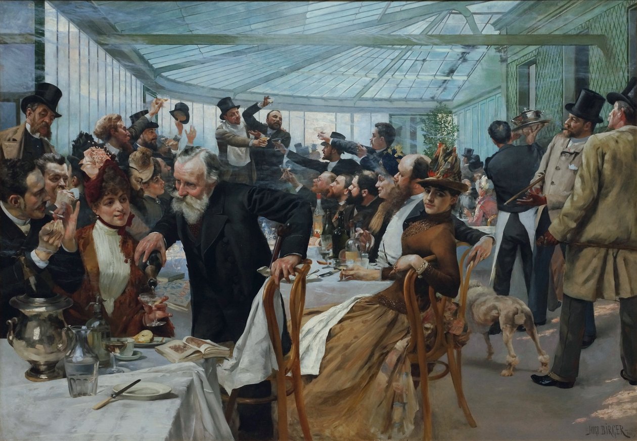 1886年、ニス塗りの日にカフェレドイエンでスカンジナビアアーティストの昼食会 作： ヒューゴ・ビルガー