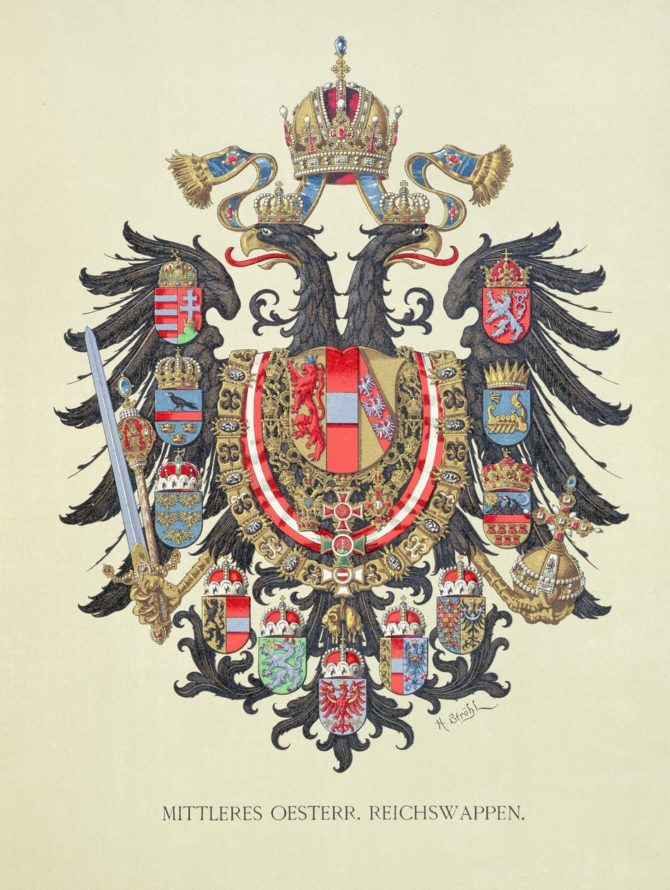 1899年の芸術家による「Heraldischer Atlas」からのオーストリアハンガリー帝国の紋章付きプレート 作： ヒューゴ・ジェラルド・ストロール