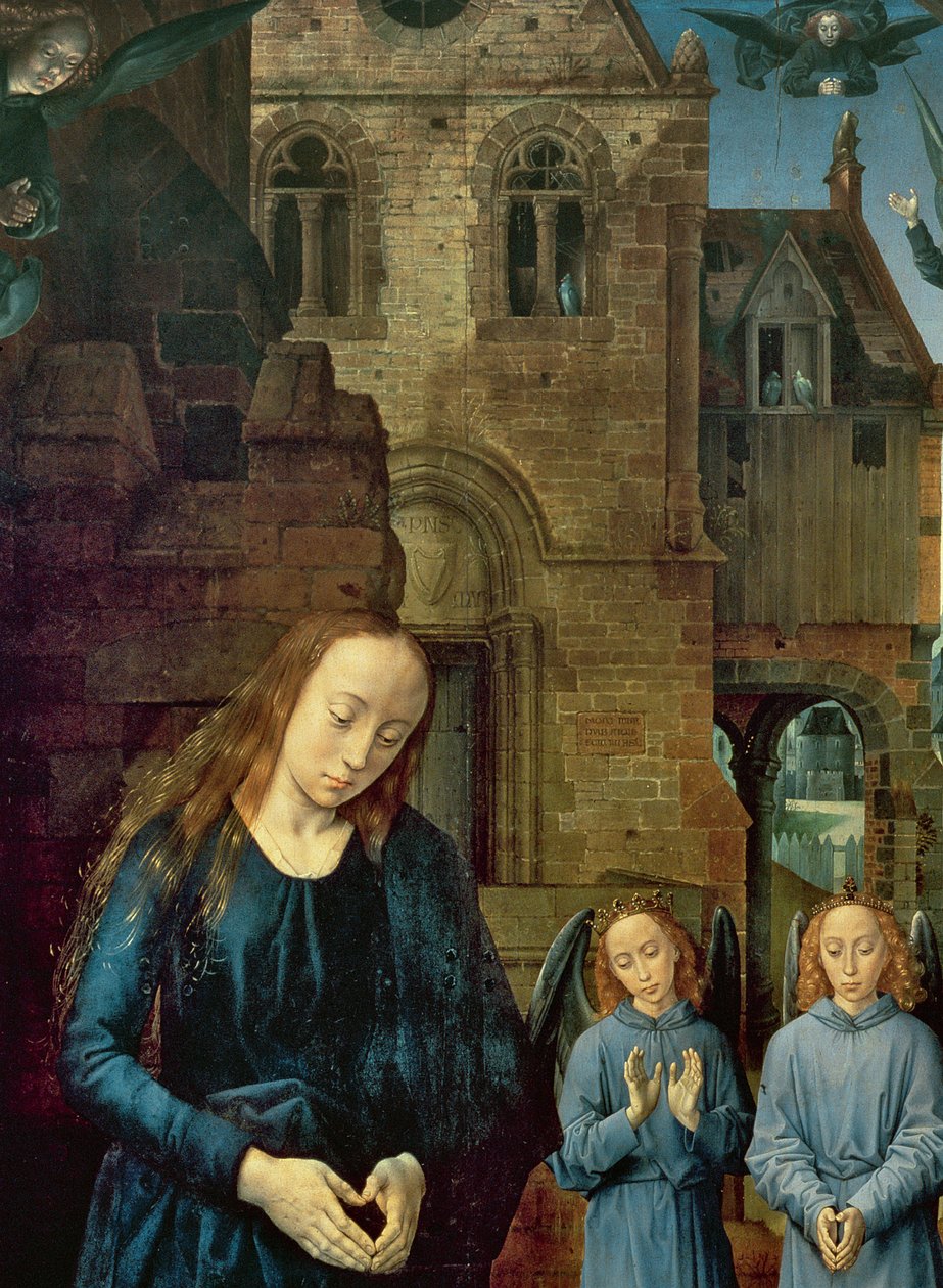 天使によって崇拝されるキリストの子供、ポルティナリ祭壇画の中央パネル、1479年頃（9619の詳細） 作： ヒューゴ・ファン・デル・ゴス