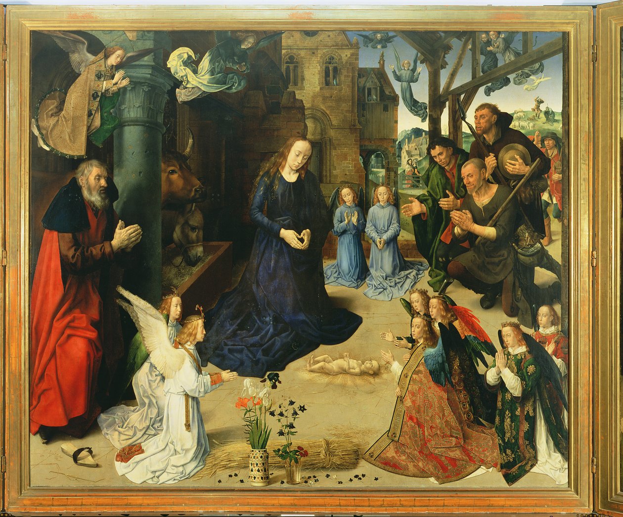 天使によって崇拝されたキリストの子供、ポルティナリ祭壇画の中央パネル、1479年頃 作： ヒューゴ・ファン・デル・ゴス