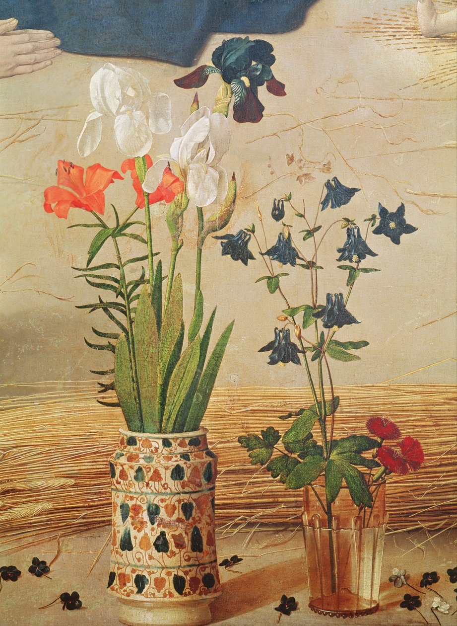 ポルティナリ祭壇画の中央パネルにある花の細部、1479年頃 作： ヒューゴ・ファン・デル・ゴス