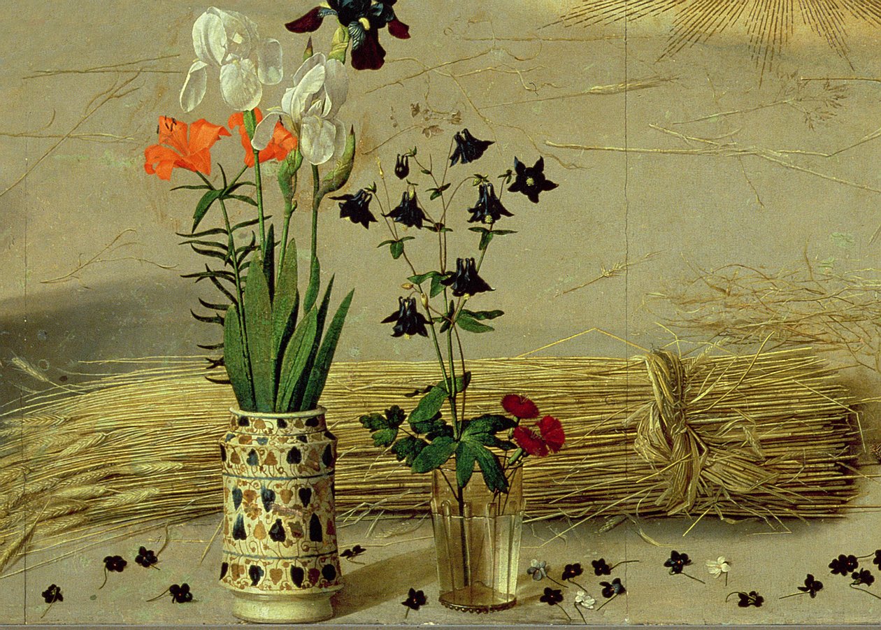 ポルティナリ祭壇画の中央パネルにある花の細部、1479年頃（9619の細部） 作： ヒューゴ・ファン・デル・ゴス