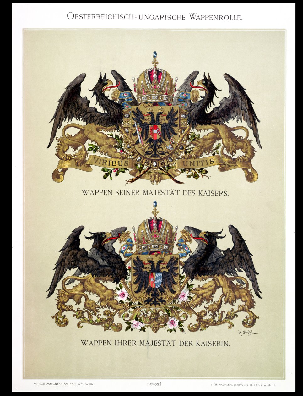 芸術家による1878年の「Heraldischer Atlas」からのフランツジョセフ1世皇帝（1830〜1916年）と皇帝エリザベス（1837〜98年）の紋章のプレート 作： ヒューゴ・ジェラルド・ストロール