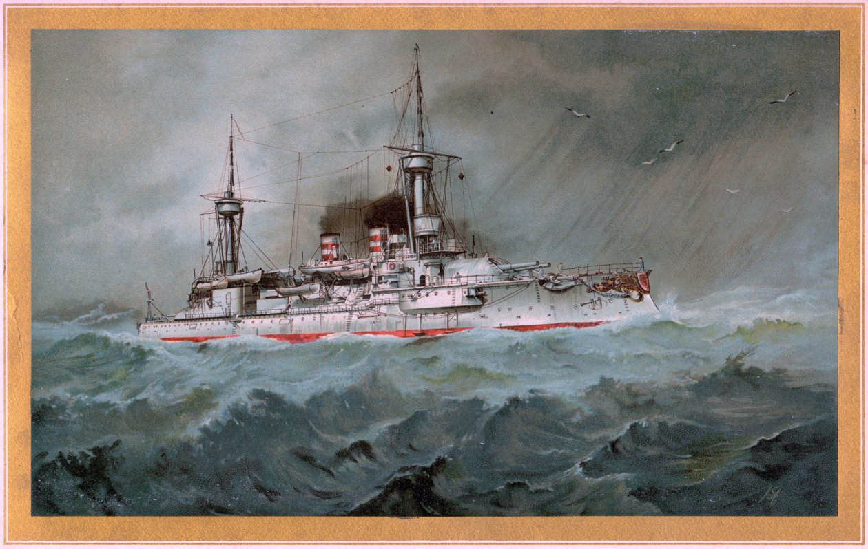 SMS。 Linienschiff Brandenburg (白い盾に赤いワシの紋章、S.M.S. Wörth = 金色の盾に黒い皇帝ワシ) 作： ヒューゴ・グラフ