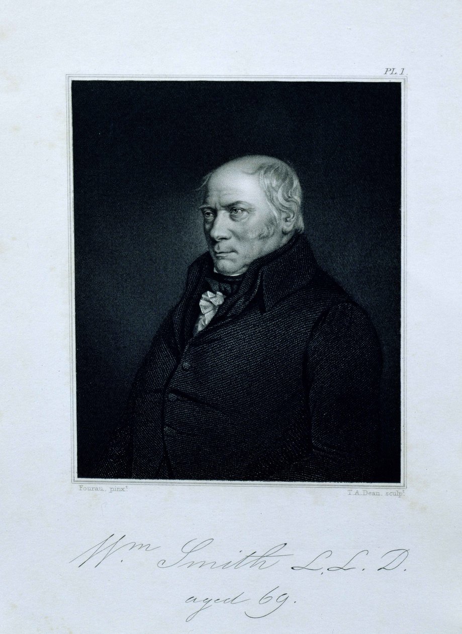 ウィリアムスミス（1769-1839）の肖像、69歳、TAディーン（fl.1818-1850）pubによって彫刻された、甥と弟子のジョンフィリップスによるウィリアムスミスの回想録からの最前線。ジョン・マレー、1844（engravi 作： ユグ・フラック