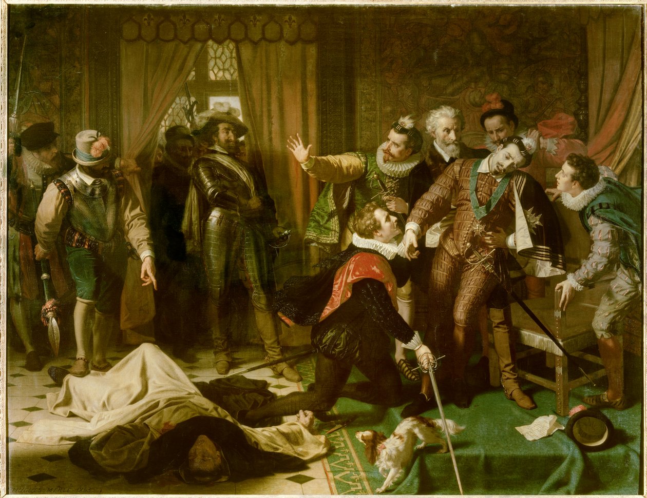 8月1日、ヘンリー3世（1551-1589）を、カトリック連盟のドミニカ人宗教支援者ジャック・クレメント（1567-1589）が暗殺する。 作： ユグス・メルル