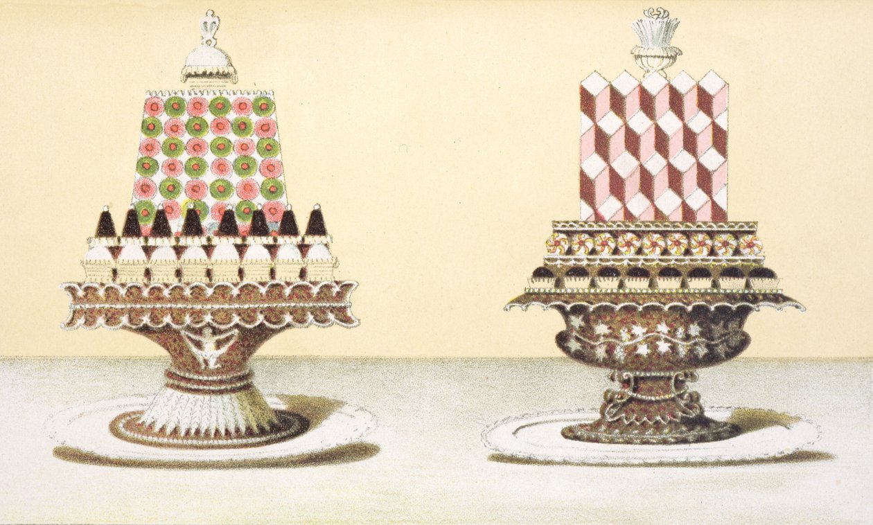 デザートのプレゼンテーションのデザイン、フランス料理に関するハンガリー料理の本のイラスト、1880年頃 作： ハンガリー語学校