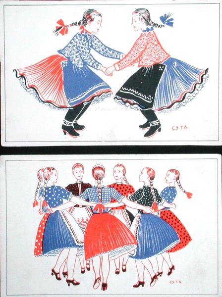 ハンガリーの伝統的な踊りを描いたポストカード（1947年〜8年）（カラーリトグラフ 作： ハンガリー語学校