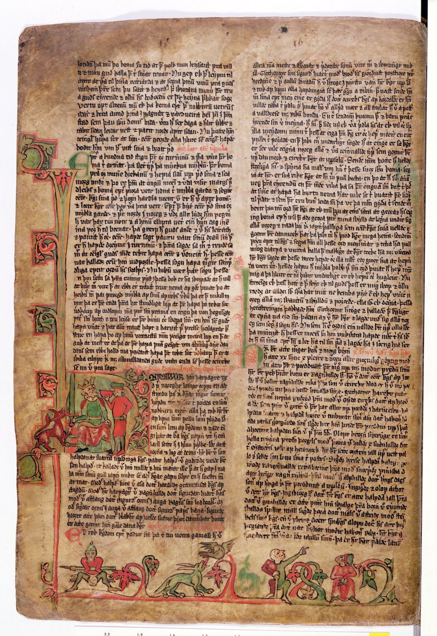 14世紀後半のFlateyjarbok（The Book of Flatey）のオラフトリッグヴァソンのサガの冒頭にある歴史的な頭文字D 作： アイスランド語学校
