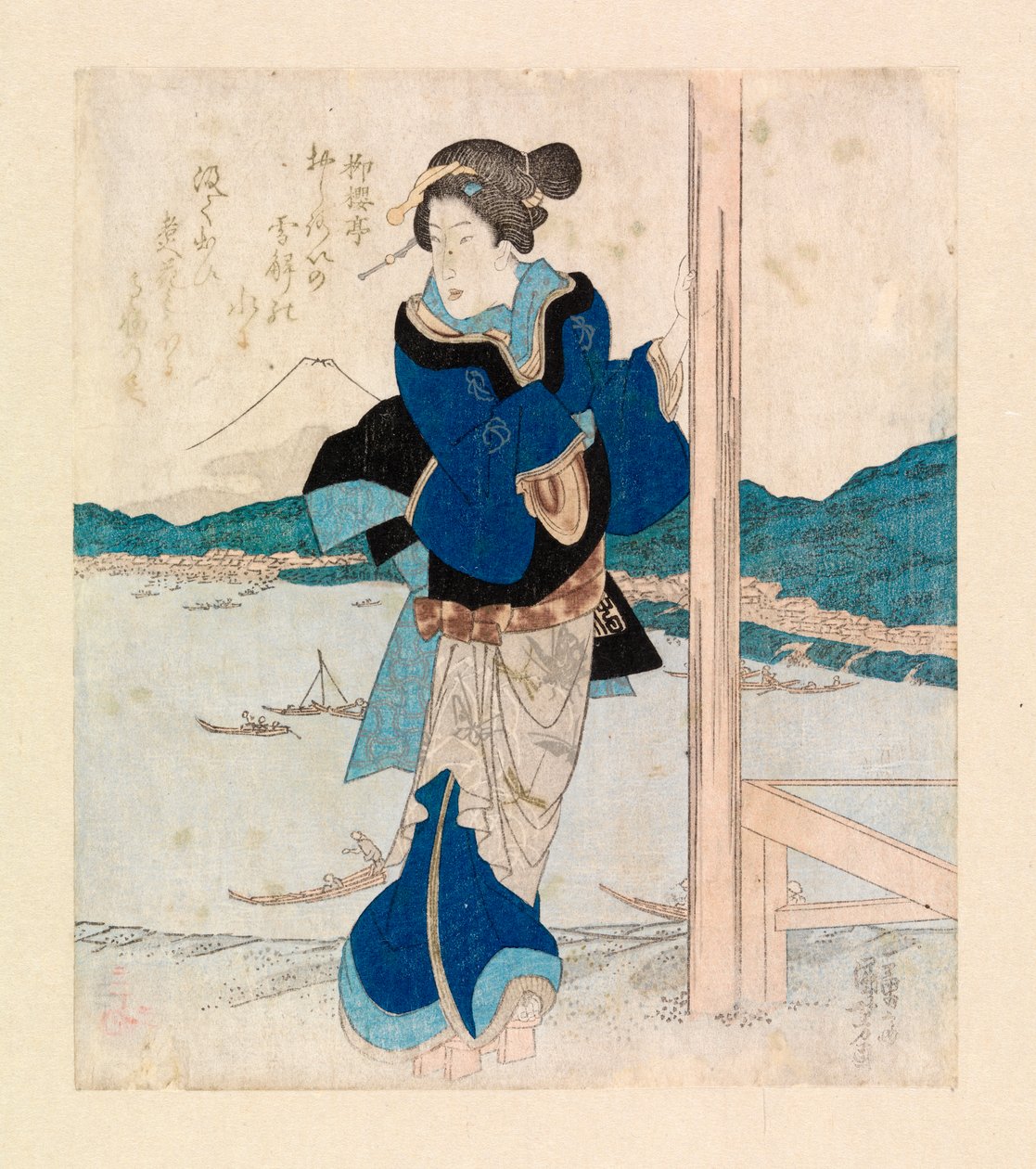 桜亭のバルコニーの芸者 1830年頃（カラー木版画） 作： 一由彩国芳