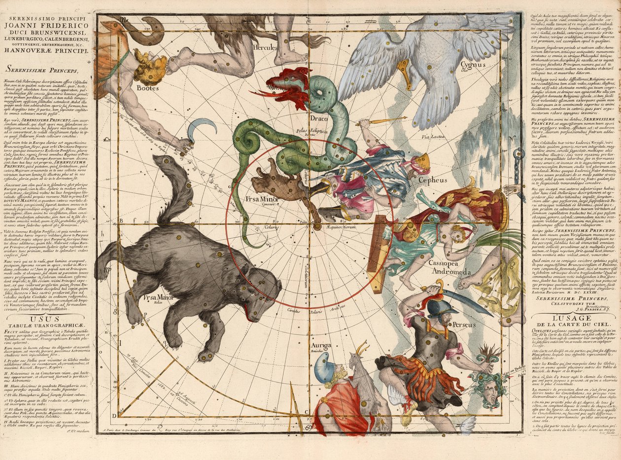 説明中の天球儀のボード面からの北極プレート1、Pub。 1674年（手描きの彫刻） 作： Ignace Gaston Pardies