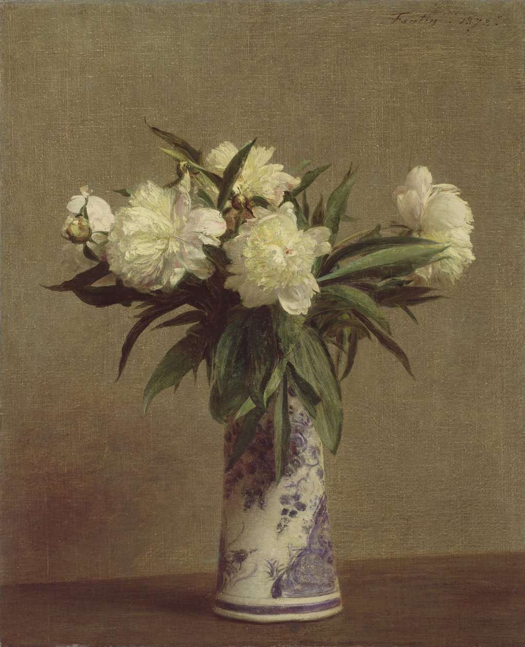 青と白の花瓶の牡丹、1872 作： イグナス・アンリ・ジャン・ファンタン・ラトゥール