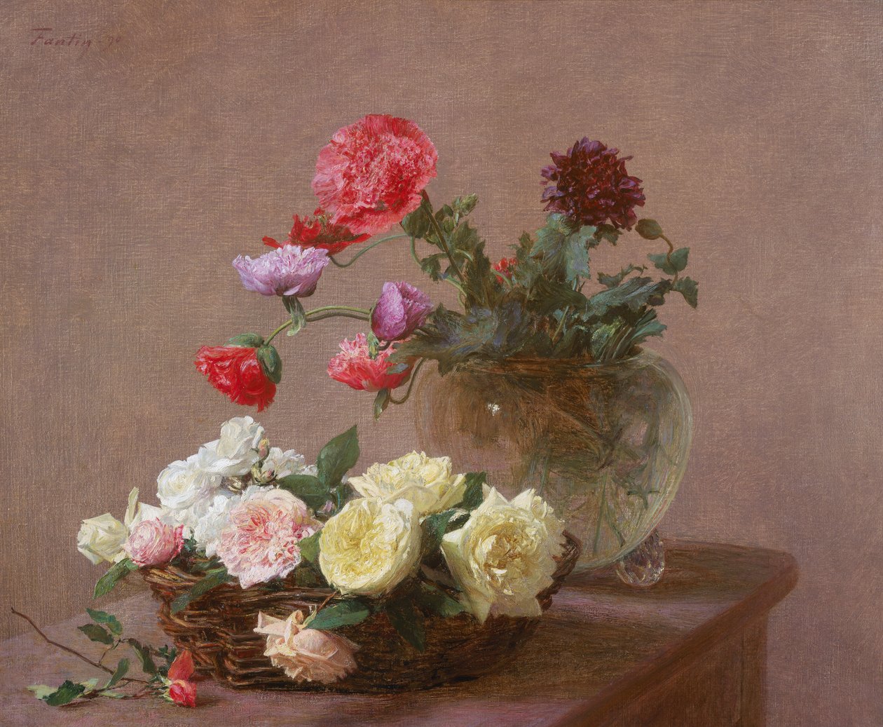 クリスタルの花瓶のポピー、またはバラのバスケット、1890 作： イグナス・アンリ・ジャン・ファンタン・ラトゥール