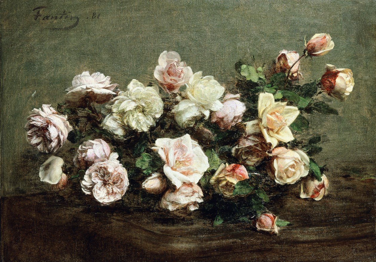 テーブルの上の白いバラの花瓶。テーブルの上の白いバラとバラの花瓶、 作： イグナス・アンリ・ジャン・ファンタン・ラトゥール