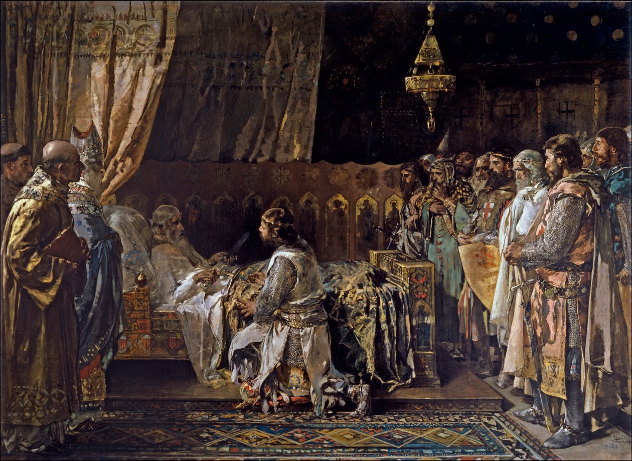 征服王ジェームズ1世（1208-1276）が息子のピーター3世（1240-1285）に剣を渡す - King James I the Conqueror Gives His Sword to His Son, Pedro - by Pinazo Camarlench, Ignacio (1849-1916) 作： イグナシオ・ピナゾ・カマレック