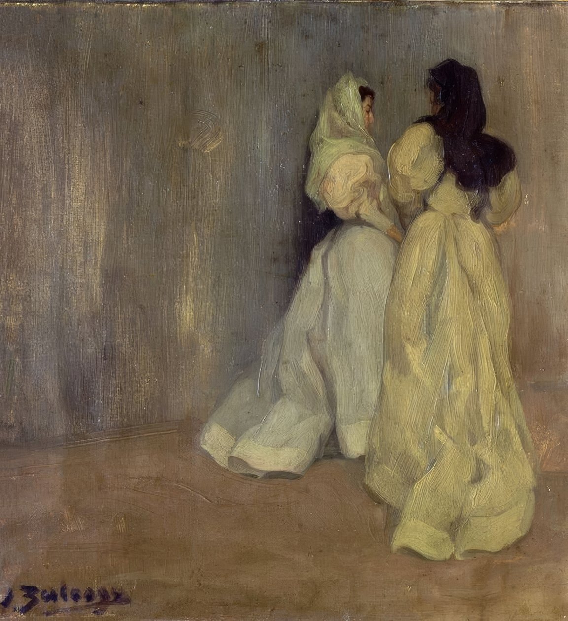 灰色のスタジオ-2人の女性-1896-OLEO - LIENZO 作： イグナシオ・ズロアガ・イ・サバレタ