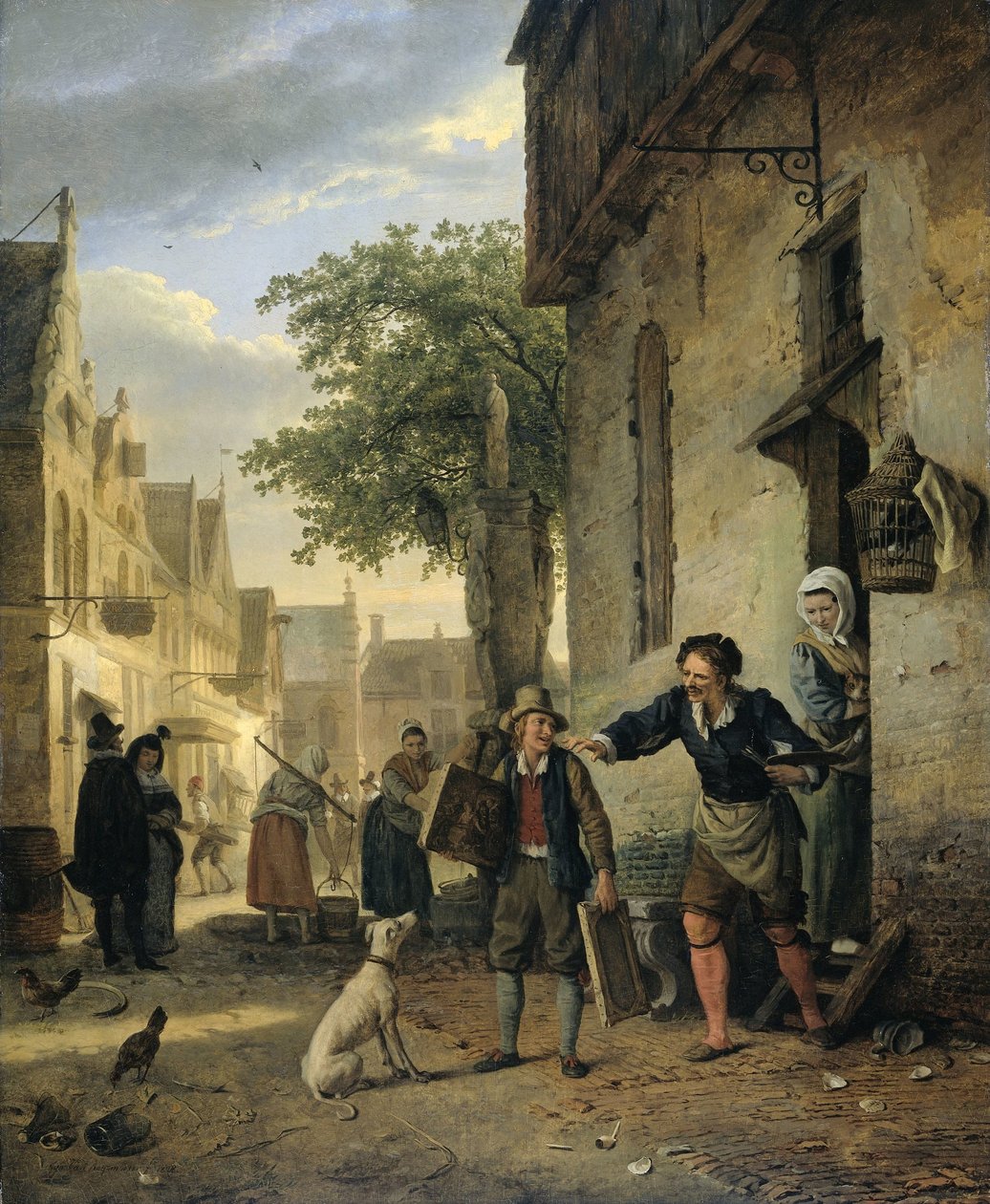 Jan Steen は息子を路上に送り、絵をビールとワインと交換します 作： イグナティウス・ジョセフス・ヴァン・レーゲモルター