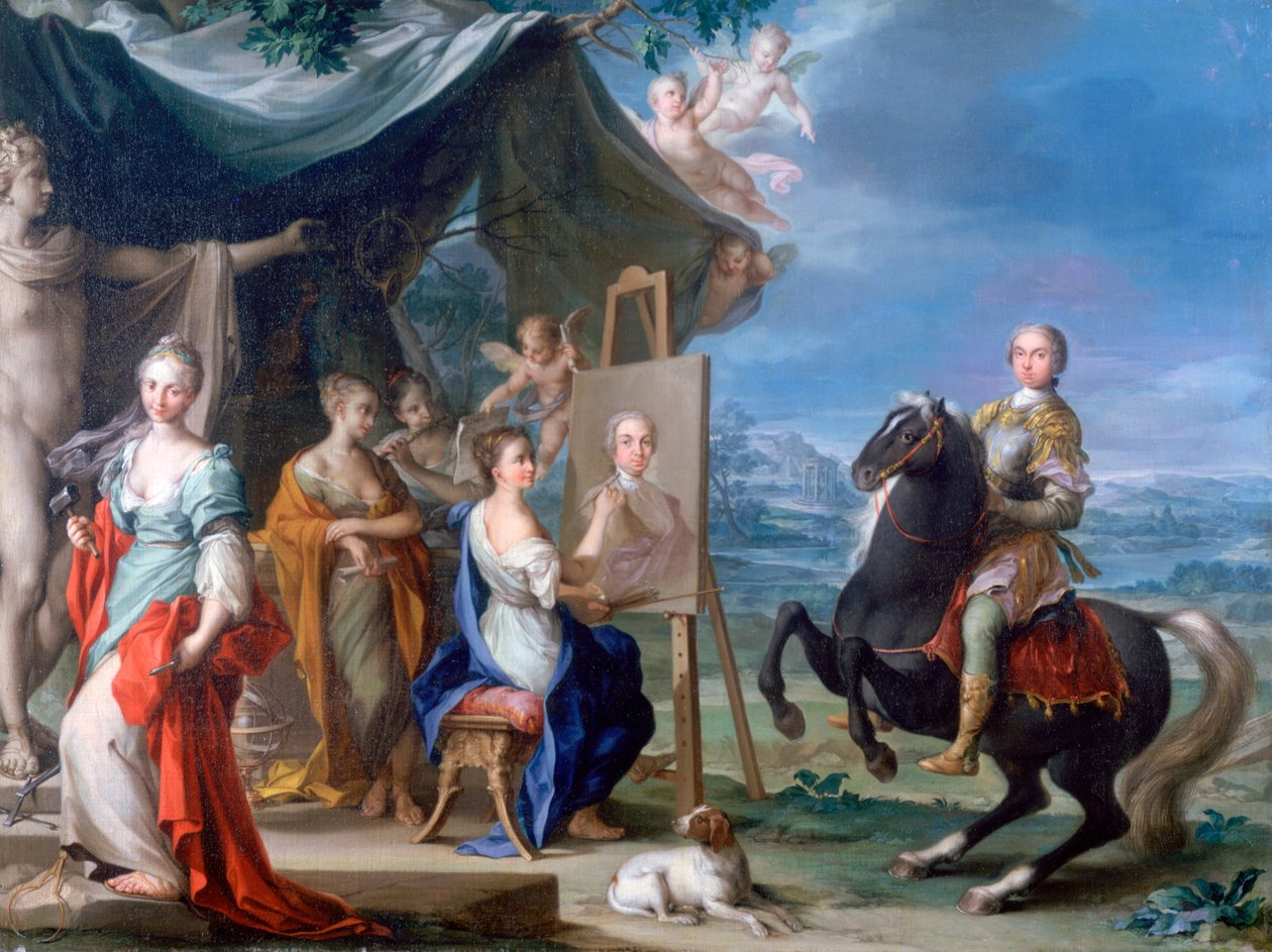 「芸術の保護者としての貴族の騎馬肖像」、c1699-1748 作： イグナス・スターン