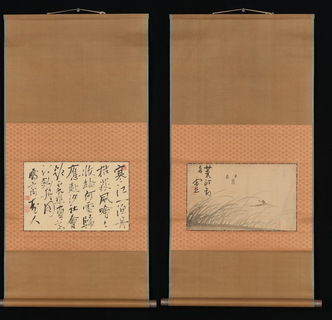 葦で覆われた土手の漁船と書道、18 ～ 19 世紀。 作： 池の大河