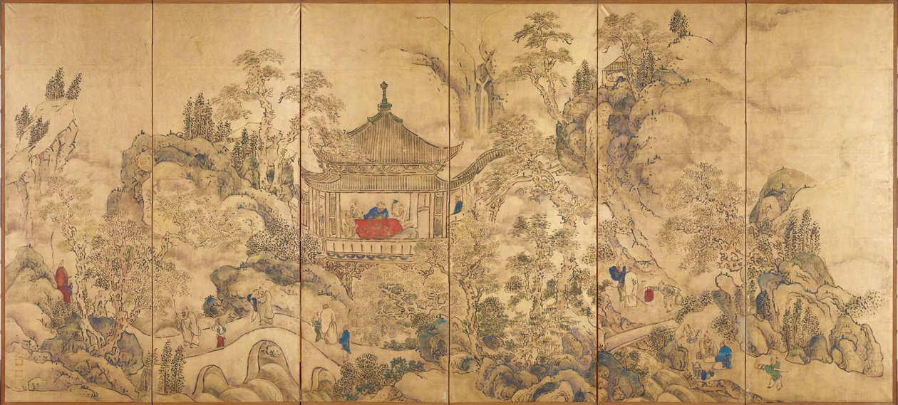 楼閣のある風景 (楼閣山水図、塔のある風景) - 池の大雅 (1723-1776) による 6 パネルの屏風の左部分、紙に水彩、インク、1750 年頃 - 18 世紀の日本美術、風景 オリエンタル- 東京国立M 作： 池の大河