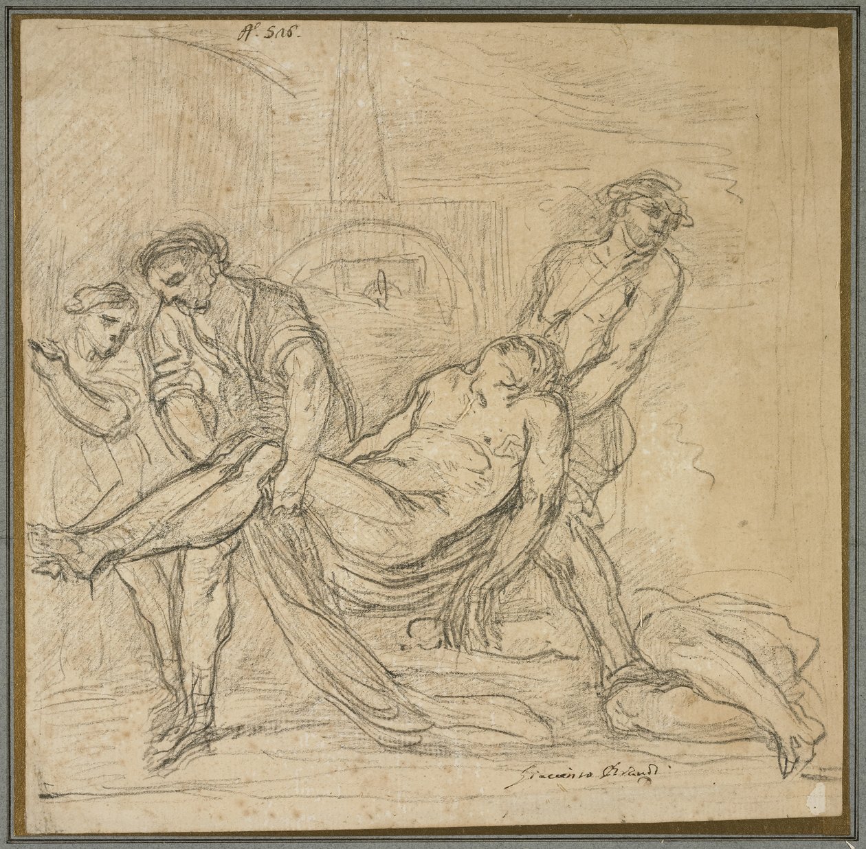 聖アブドンと聖千年の墓クリスチャン殉教者、c.1653-1657（紙に黒いチョーク） 作： イル・ボルゴニョーネ