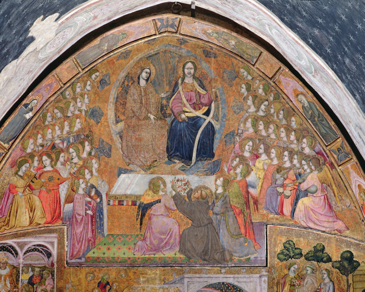 1393年、ポルツィンコーラのフレスコ画であるキリストと聖母の御出現にバラを捧げる聖フランシス 作： イラリオ・ダ・ビテルボ