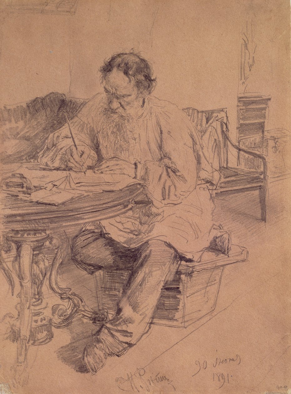 Lev Nikolaevich Tolstoy（1828-1910）at Work、1891 作： イリヤ・エフィモヴィチ・レーピン