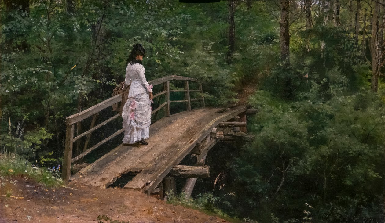 夏の風景。 ABRAMTSEVO の小さな橋の VERA REPINE 作： イリヤ・エフィモヴィチ・レーピン
