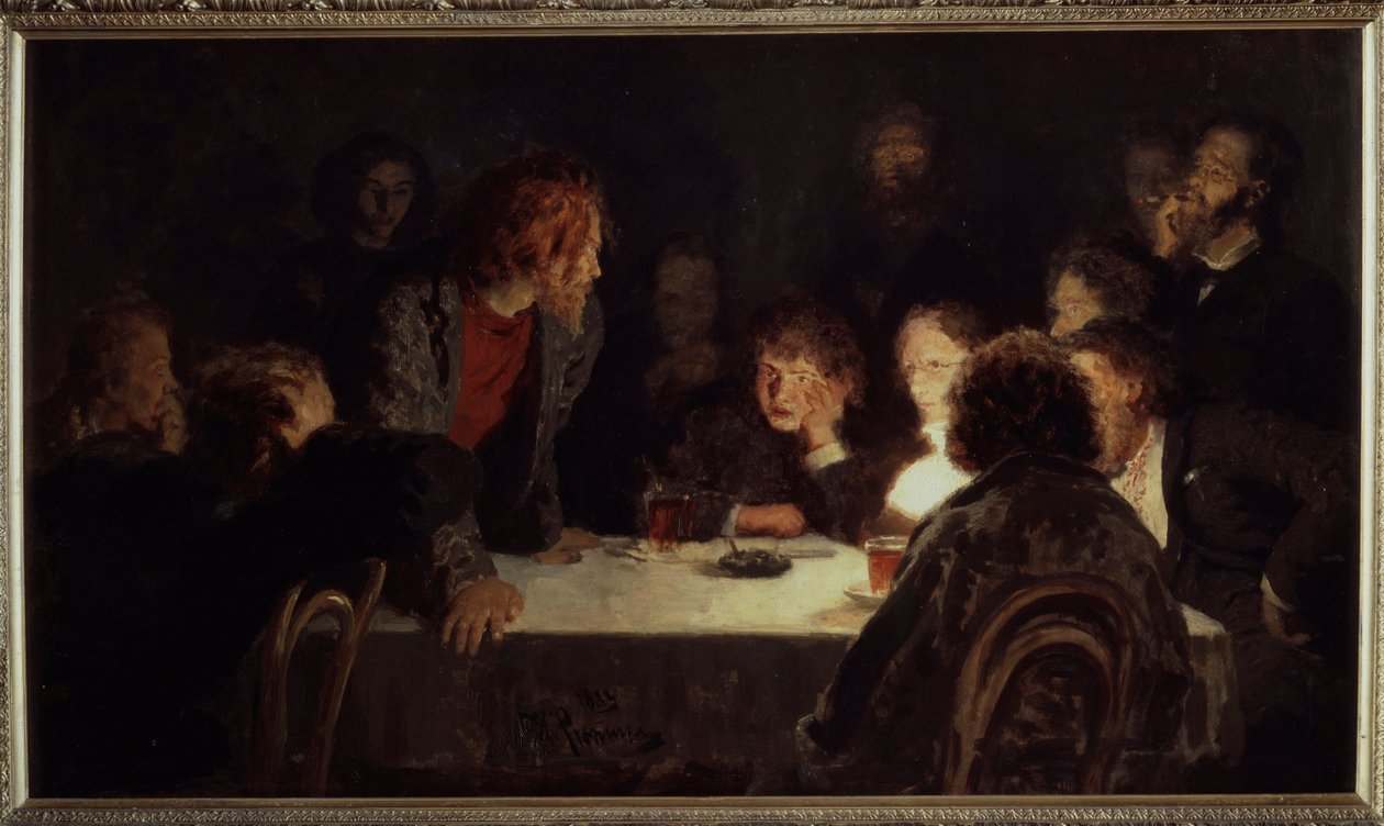 革命的な会議。 Ilya Repin (Ilia Repin) (1844-1930) の絵画、キャンバスに油彩 作： イリヤ・エフィモヴィチ・レーピン